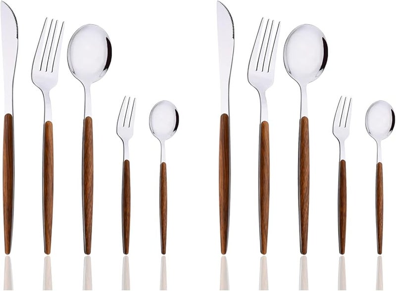 Brown Silver Pointed Handle 10 Piece Flatware Set for 2 Stainless Steel Cutlery Set - Image 1